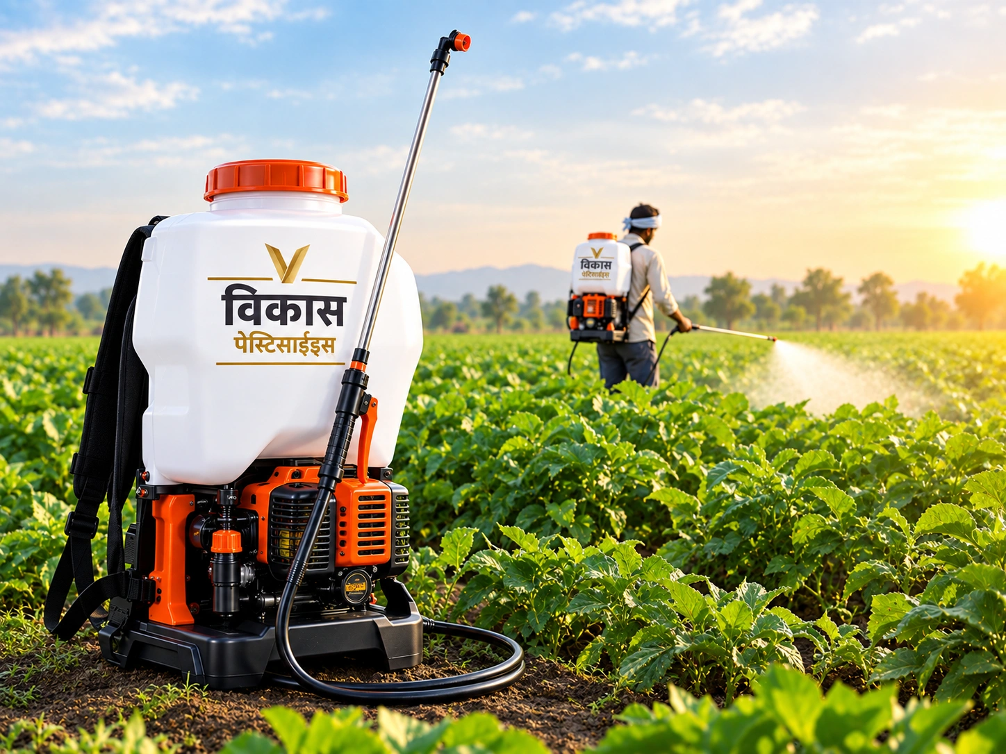 Knapsack spray machine in a field